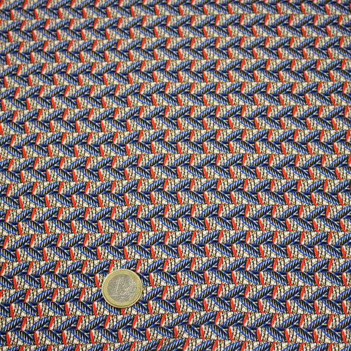 Tissu popeline de viscose motif wax aux tons bleus et rouges - Fabrication française - OEKO-TEX