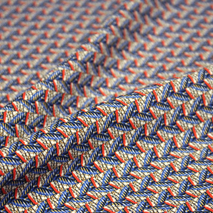 Tissu popeline de viscose motif wax aux tons bleus et rouges - Fabrication française - OEKO-TEX