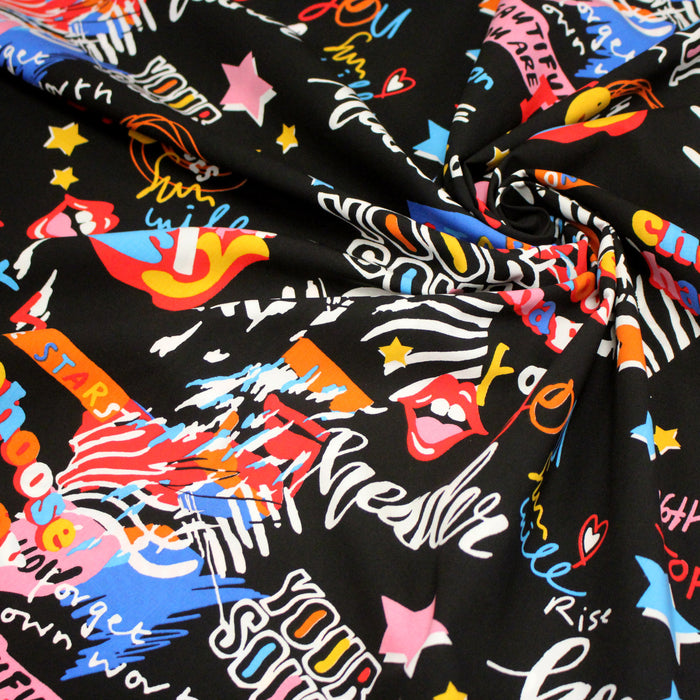 Tissu popeline de viscose noir aux graffiti multicolores - Fabrication française - OEKO-TEX