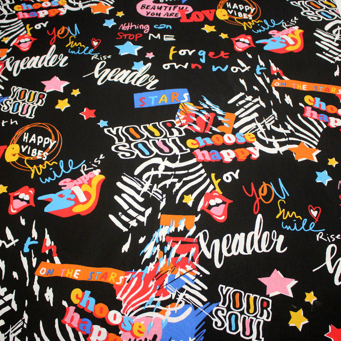 Tissu popeline de viscose noir aux graffiti multicolores - Fabrication française - OEKO-TEX