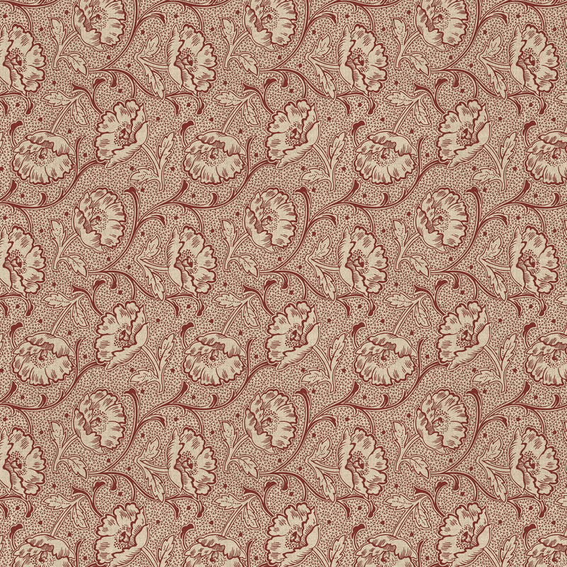 Tissu ART NOUVEAU demi natté motif floral, fond lin : bordeaux, vert anglais, ocre