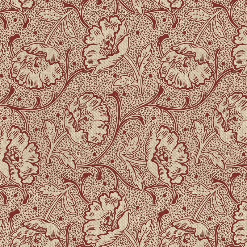 Tissu ART NOUVEAU demi natté motif floral, fond lin : bordeaux, vert anglais, ocre