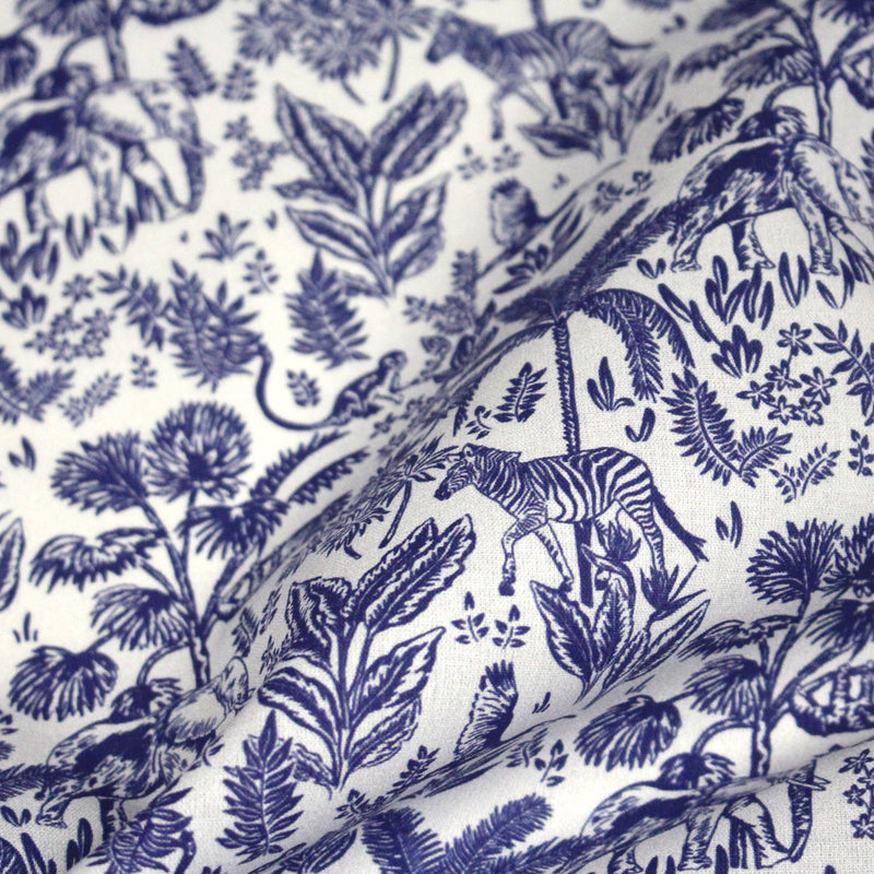 Tissu Toile de Jouy bleu forêt tropicale : cotonnade ou gabardine - OEKO - TEX - TissusPapi.com