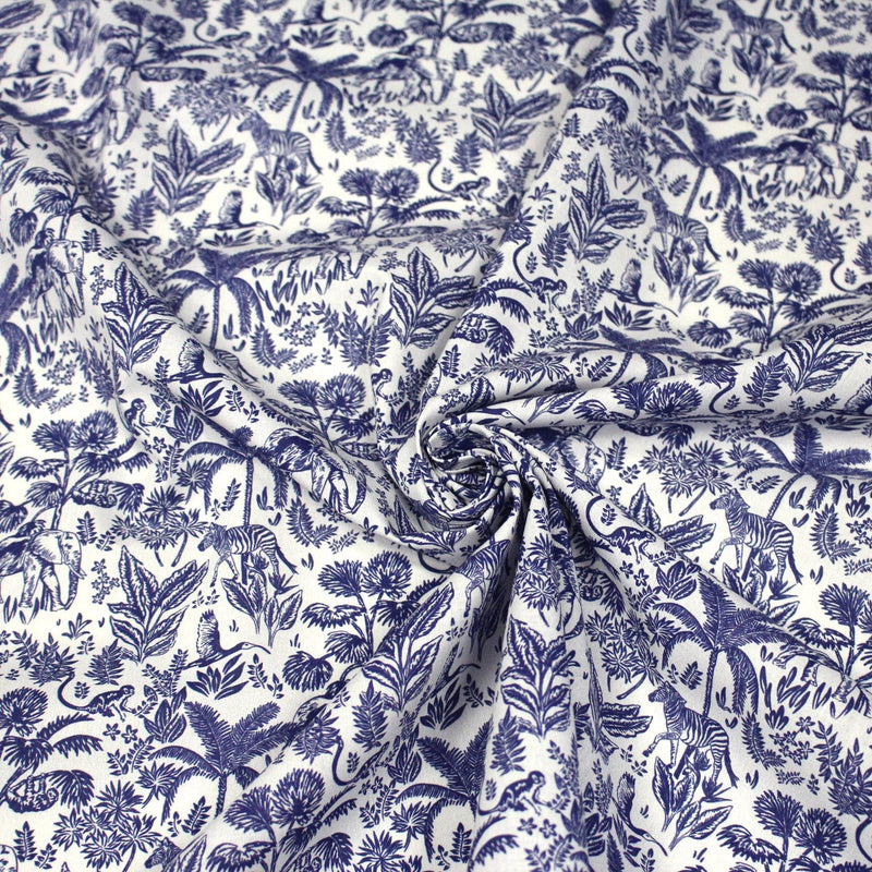 Tissu Toile de Jouy bleu forêt tropicale : cotonnade ou gabardine - OEKO - TEX - TissusPapi.com