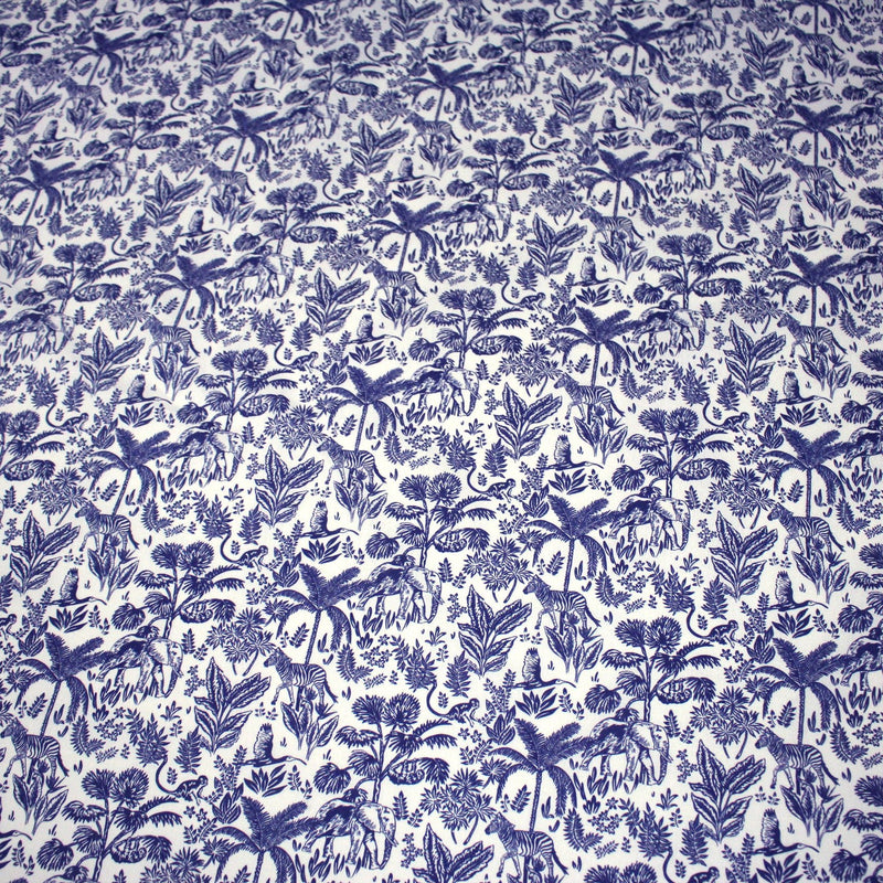 Tissu Toile de Jouy bleu forêt tropicale : cotonnade ou gabardine - OEKO - TEX - TissusPapi.com