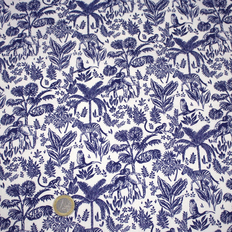 Tissu Toile de Jouy bleu forêt tropicale : cotonnade ou gabardine - OEKO - TEX - TissusPapi.com