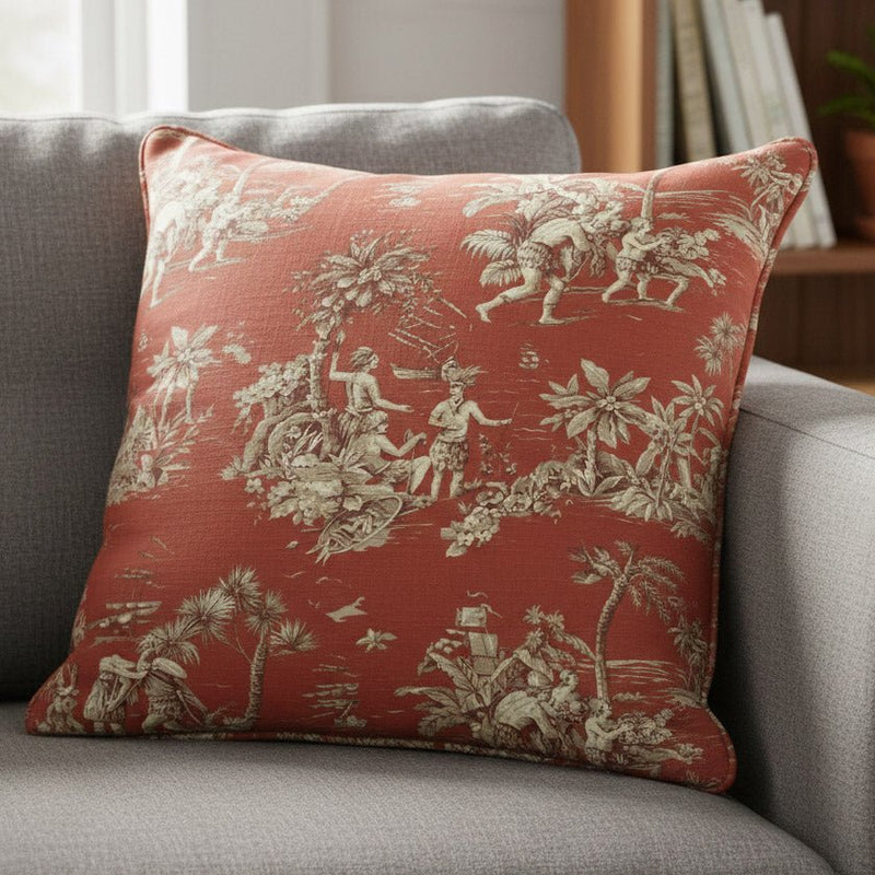 Tissu coton épais TOILE DE JOUY "LES AMERINDIENS", rouille rouge & écru - TissusPapi.com