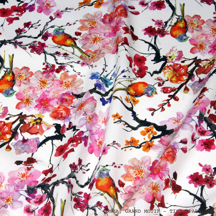 Tissu coton motif jardin japonais GUNMA aux oiseaux et fleurs de cerisier - OEKO-TEX