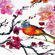 Tissu coton motif jardin japonais GUNMA aux oiseaux et fleurs de cerisier - OEKO - TEX - TissusPapi.com