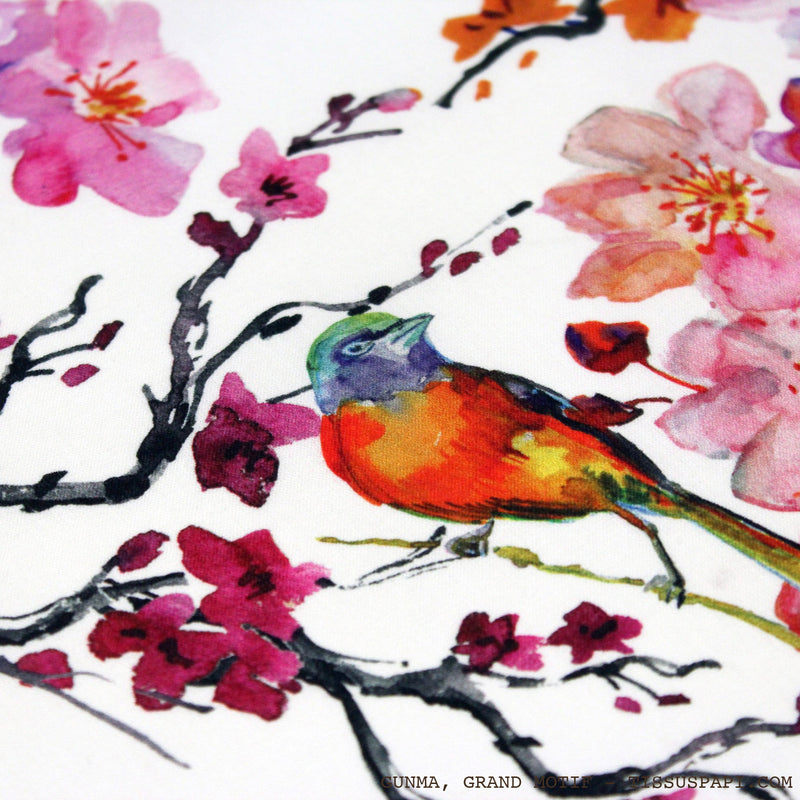 Tissu coton motif jardin japonais GUNMA aux oiseaux et fleurs de cerisier - OEKO - TEX - TissusPapi.com