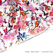 Tissu coton motif jardin japonais GUNMA aux oiseaux et fleurs de cerisier - OEKO - TEX - TissusPapi.com