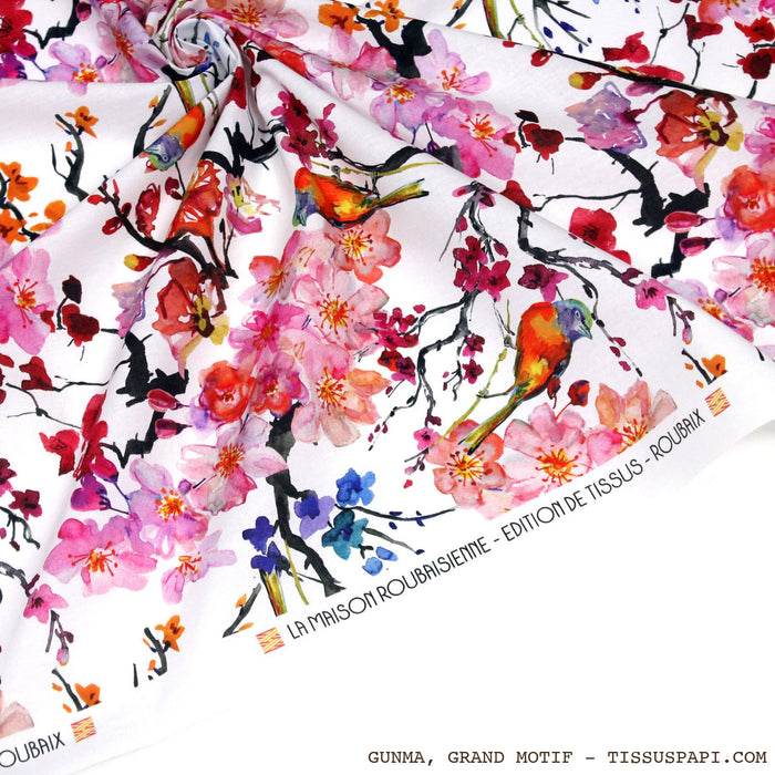 Tissu coton motif jardin japonais GUNMA aux oiseaux et fleurs de cerisier : trois tailles, OEKO-TEX