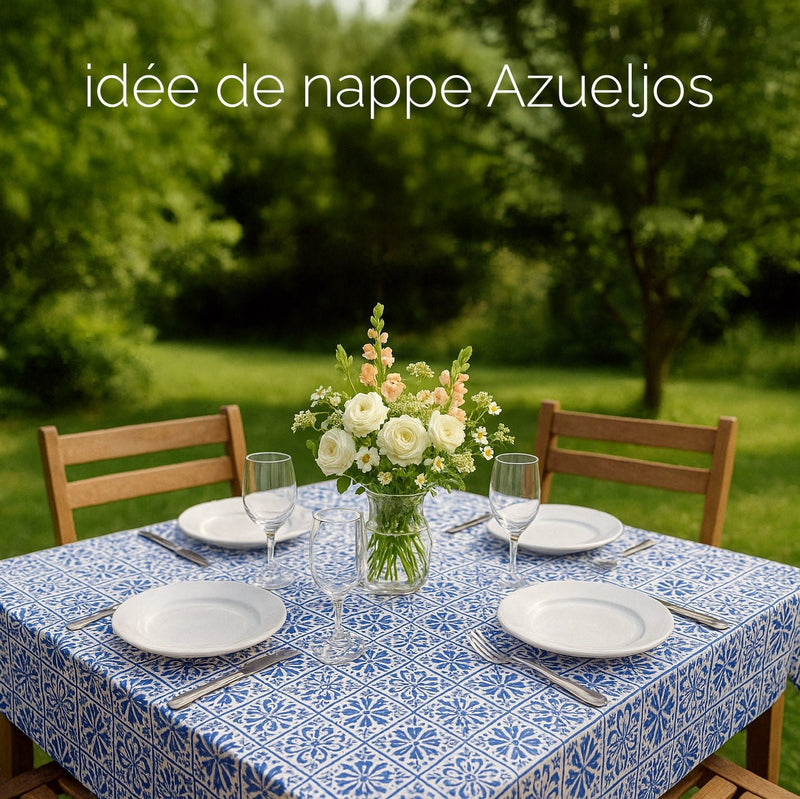Tissu cotonnade AZULEJOS aux carreaux de faïence : bleu roi / bleu jaune / bleu orange - TissusPapi.com