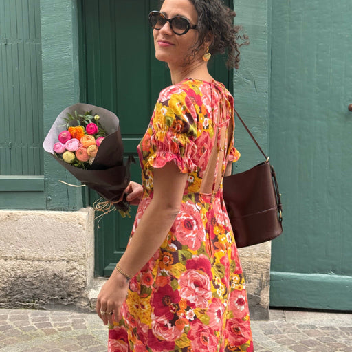 Tissu gabardine coton imprimée fleuri Vintage jaune, rouge, rose - OEKO - TEX STANDARD 100 - TissusPapi.com