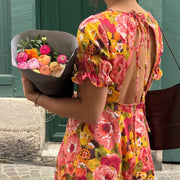 Tissu gabardine coton imprimée fleuri Vintage jaune, rouge, rose - OEKO - TEX STANDARD 100 - TissusPapi.com