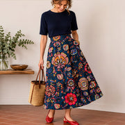 Tissu demi-natté coton bleu pétrole motif floral INDIENNES par Inkfabrik - Collection Thevenon - TissusPapi.com