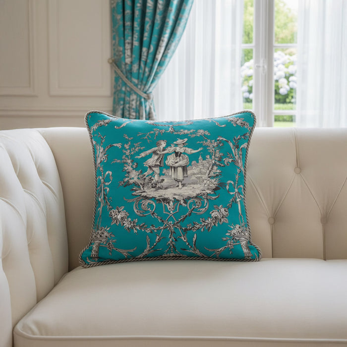 Tissu coton épais TOILE DE JOUY LES AMOURS, bleu, grande largeur 280cm