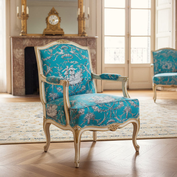 Tissu coton épais TOILE DE JOUY LES AMOURS, bleu, grande largeur 280cm