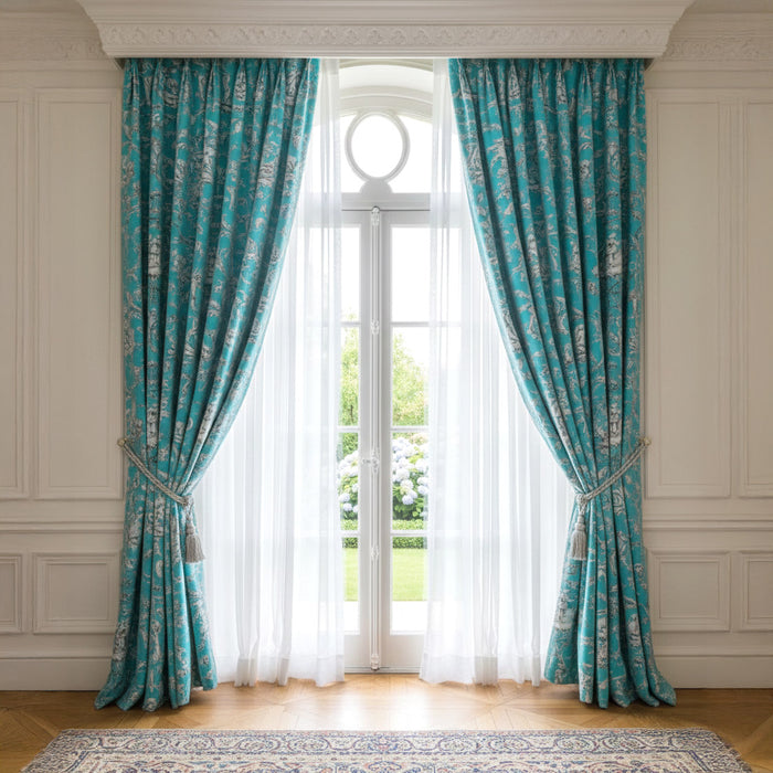 Tissu coton épais TOILE DE JOUY LES AMOURS, bleu, grande largeur 280cm