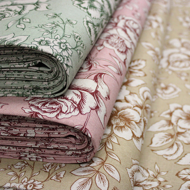 Tissu motif britannique aux grandes fleurs, fond lin : ocre, rose, vert - COLLECTION KENSINGTON
