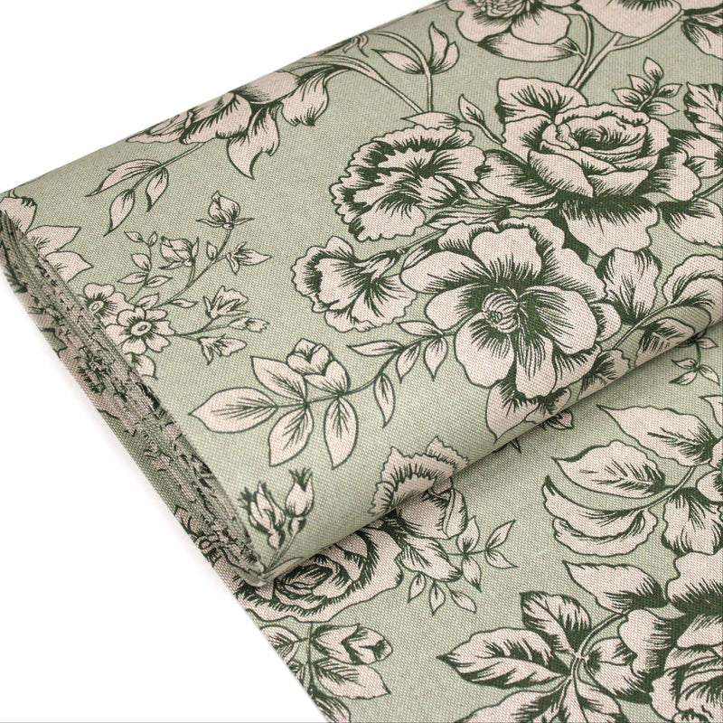 Tissu motif britannique aux grandes fleurs, fond lin : ocre, rose, vert - COLLECTION KENSINGTON
