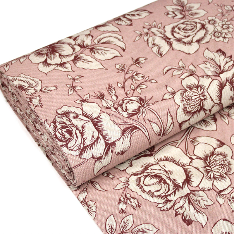 Tissu motif britannique aux grandes fleurs, fond lin : ocre, rose, vert - COLLECTION KENSINGTON