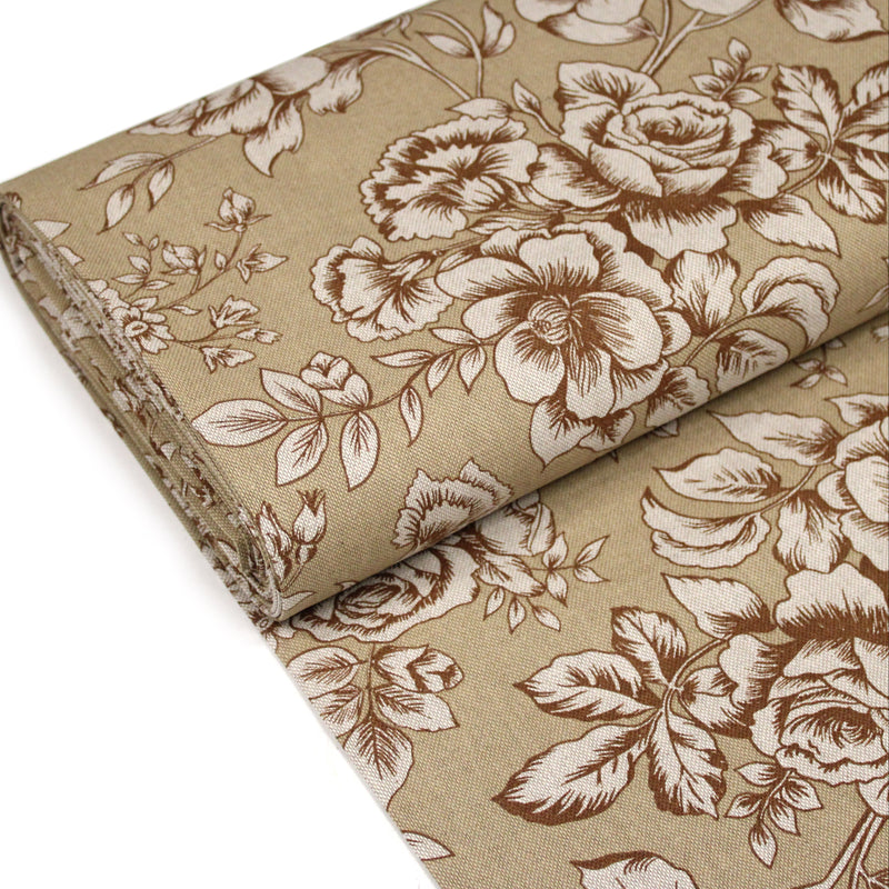 Tissu motif britannique aux grandes fleurs, fond lin : ocre, rose, vert - COLLECTION KENSINGTON