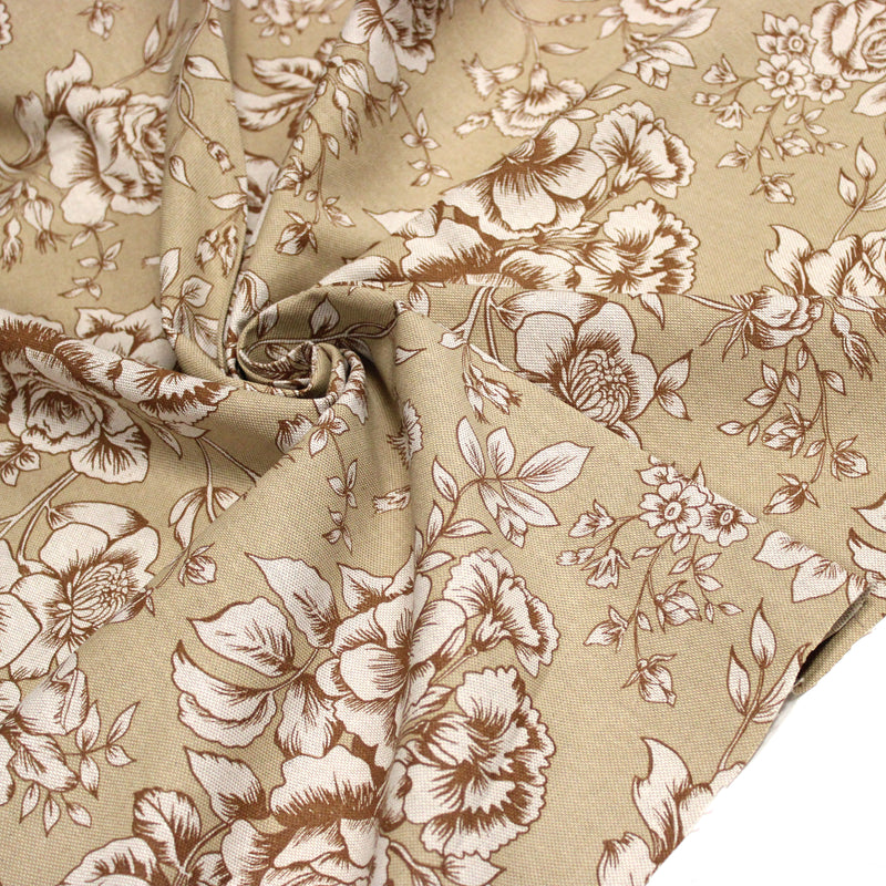 Tissu motif britannique aux grandes fleurs, fond lin : ocre, rose, vert - COLLECTION KENSINGTON