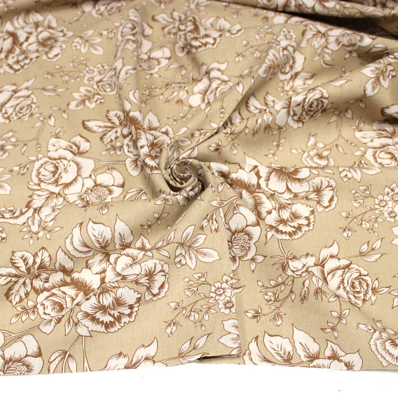 Tissu motif britannique aux grandes fleurs, fond lin : ocre, rose, vert - COLLECTION KENSINGTON