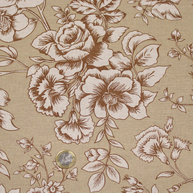 Tissu motif britannique aux grandes fleurs, fond lin : ocre, rose, vert - COLLECTION KENSINGTON