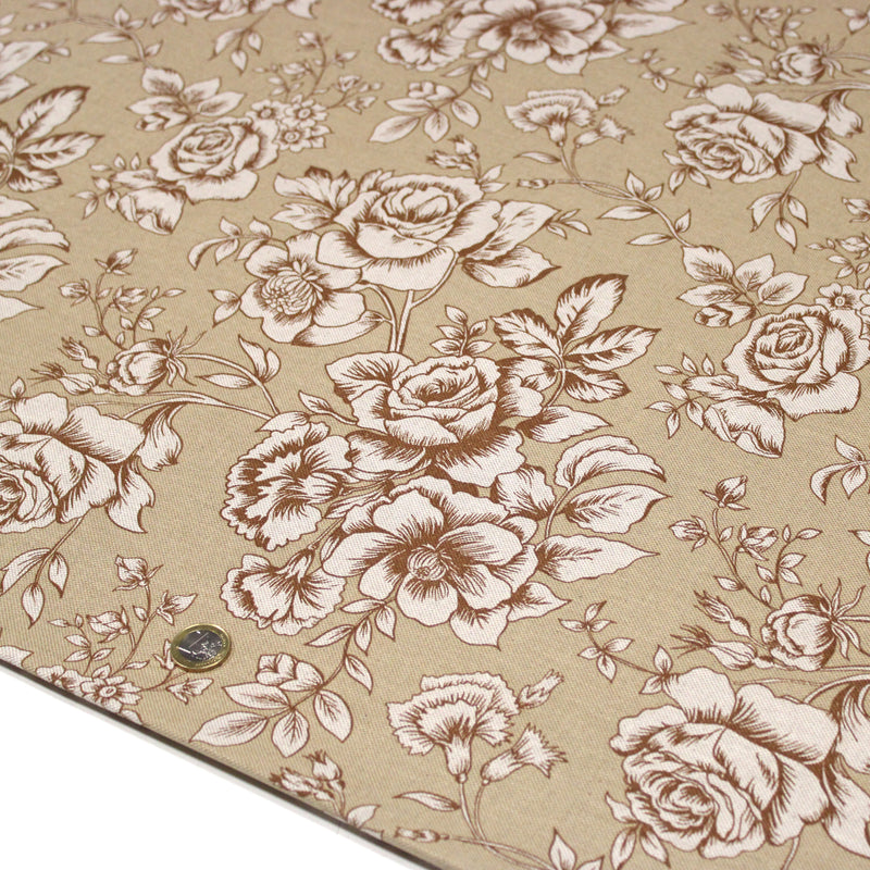 Tissu motif britannique aux grandes fleurs, fond lin : ocre, rose, vert - COLLECTION KENSINGTON