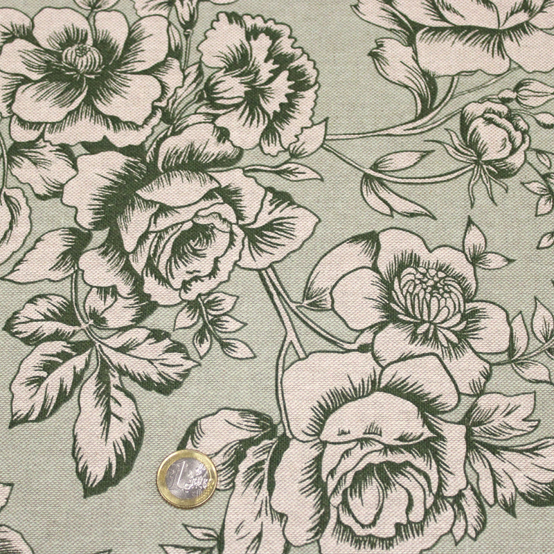 Tissu motif britannique aux grandes fleurs, fond lin : ocre, rose, vert - COLLECTION KENSINGTON