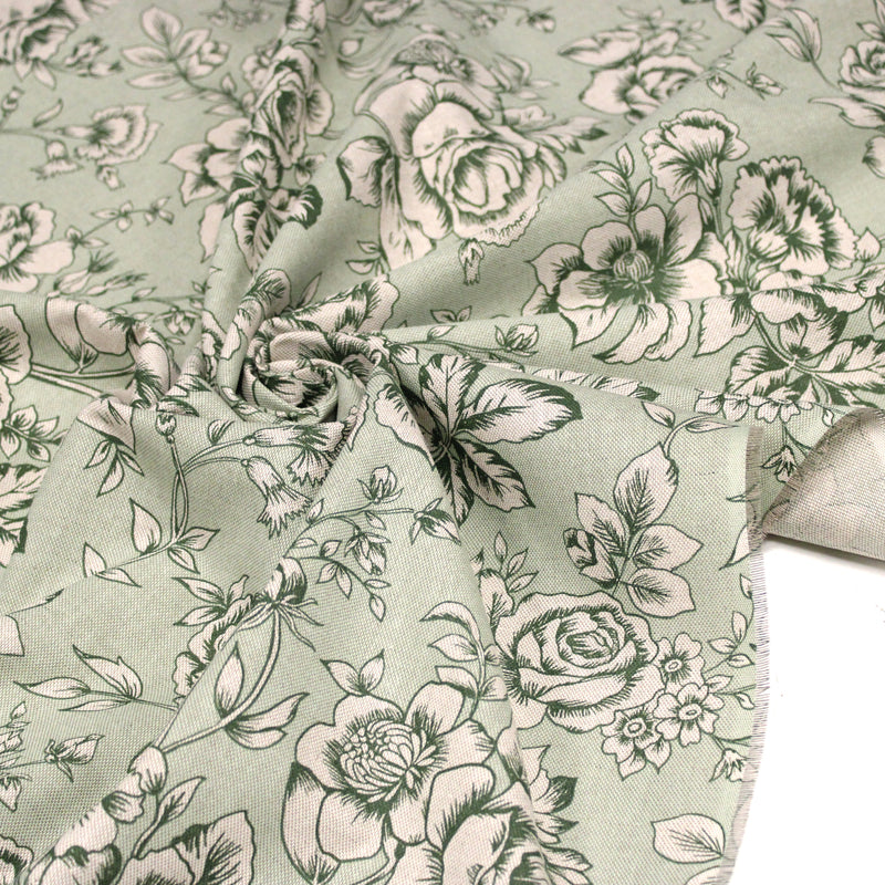 Tissu motif britannique aux grandes fleurs, fond lin : ocre, rose, vert - COLLECTION KENSINGTON