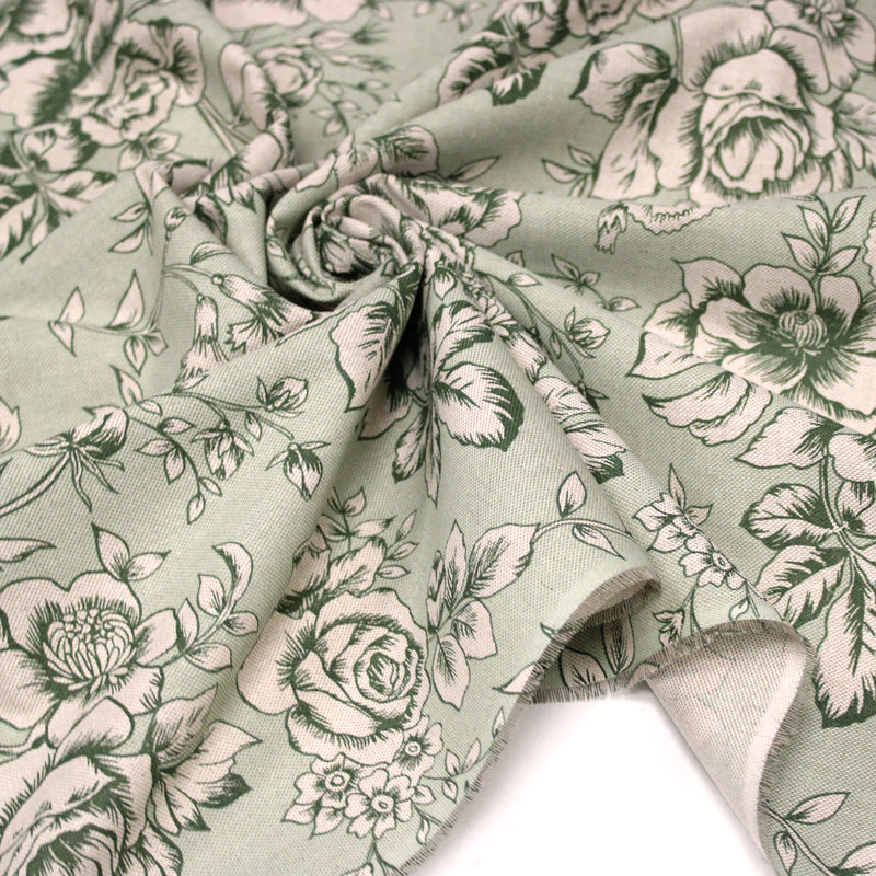 Tissu motif britannique aux grandes fleurs, fond lin : ocre, rose, vert - COLLECTION KENSINGTON