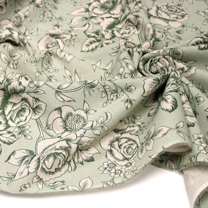 Tissu motif britannique aux grandes fleurs, fond lin : ocre, rose, vert - COLLECTION KENSINGTON