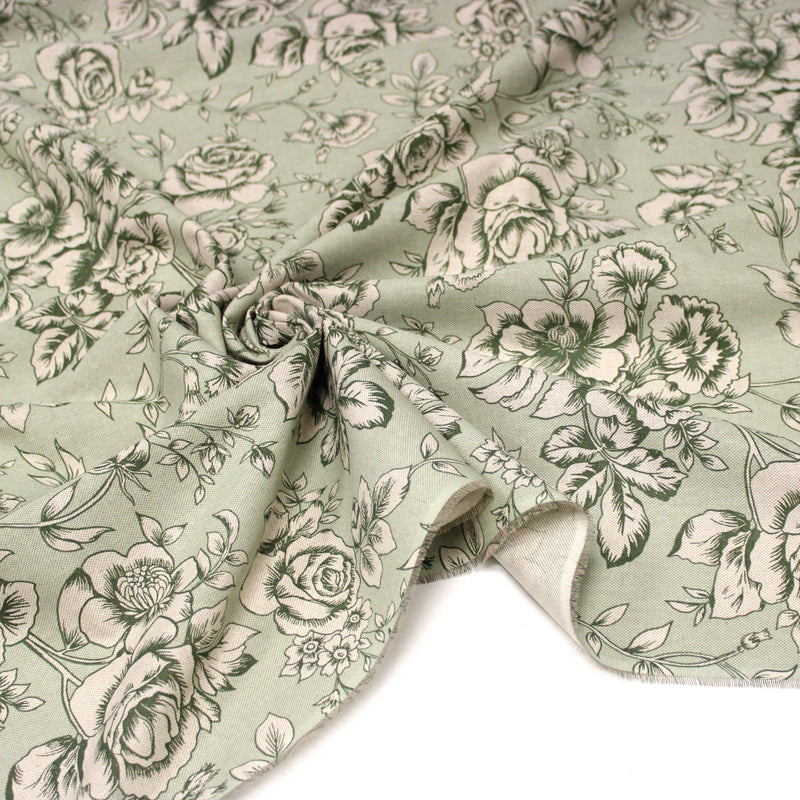 Tissu motif britannique aux grandes fleurs, fond lin : ocre, rose, vert - COLLECTION KENSINGTON