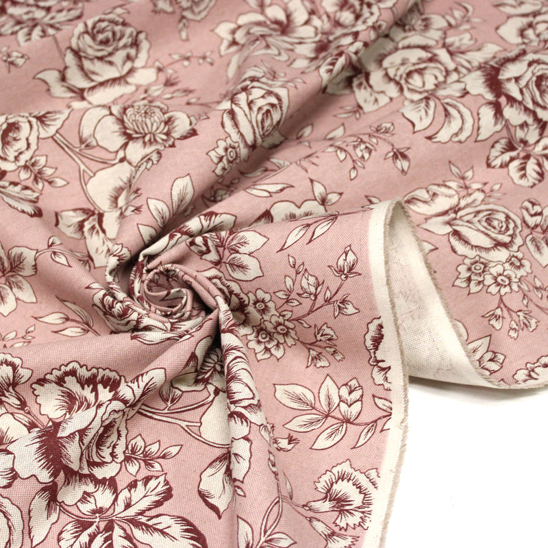 Tissu motif britannique aux grandes fleurs, fond lin : ocre, rose, vert - COLLECTION KENSINGTON