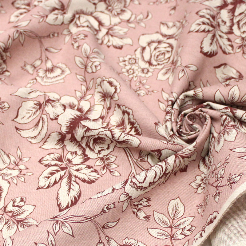 Tissu motif britannique aux grandes fleurs, fond lin : ocre, rose, vert - COLLECTION KENSINGTON