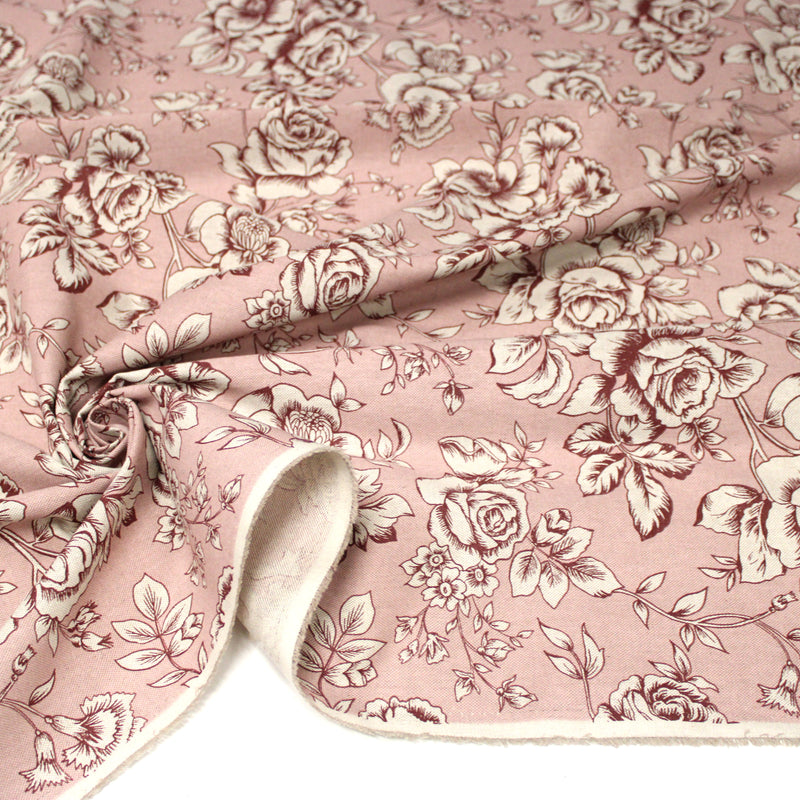 Tissu motif britannique aux grandes fleurs, fond lin : ocre, rose, vert - COLLECTION KENSINGTON