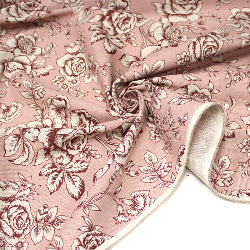 Tissu motif britannique aux grandes fleurs, fond lin : ocre, rose, vert - COLLECTION KENSINGTON