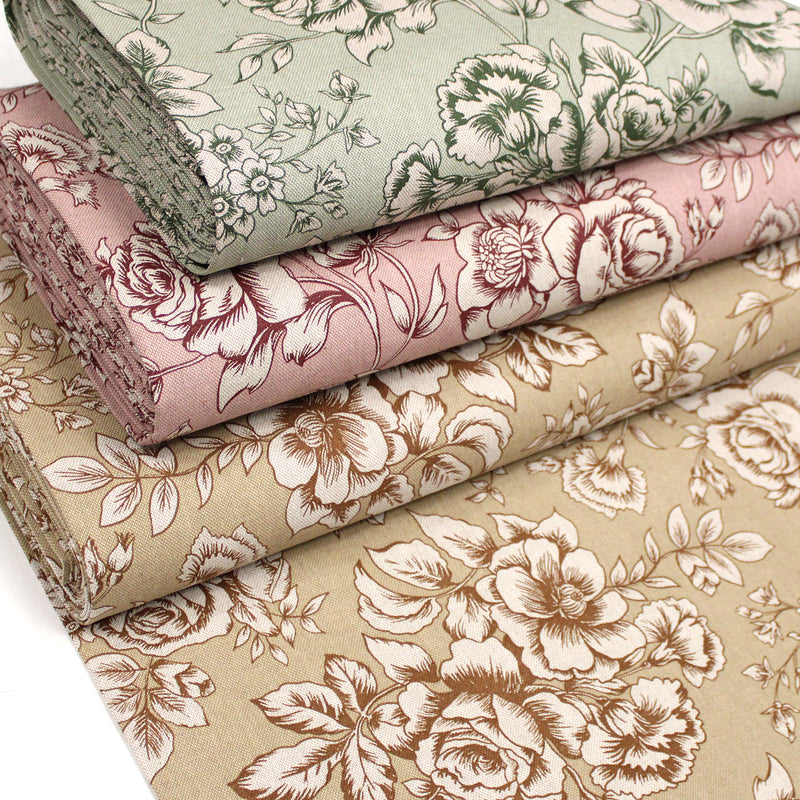 Tissu motif britannique aux grandes fleurs, fond lin : ocre, rose, vert - COLLECTION KENSINGTON