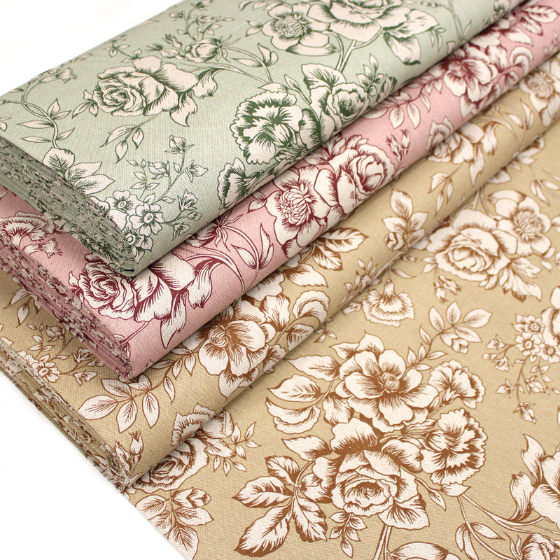 Tissu motif britannique aux grandes fleurs, fond lin : ocre, rose, vert - COLLECTION KENSINGTON