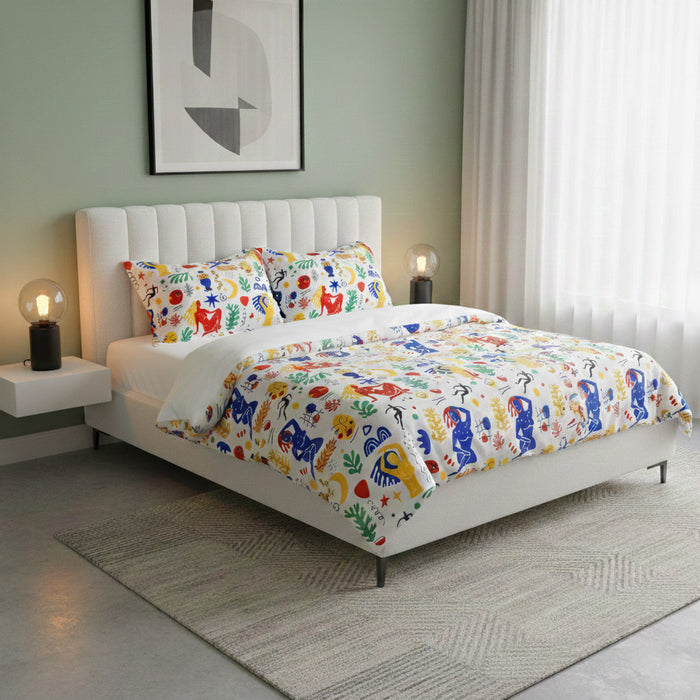 Tissu coton grande largeur 280cm, motif MATISSE très coloré, bleu, jaune, rouge, vert, fond blanc