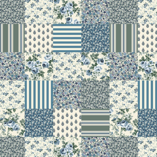 Tissu cotonnade motif patchwork imprimé floral et multicolore, trois teintes dispo : Rose / Bleu / Ocre - STANDARD 100 OEKO-TEX - TissusPapi.com