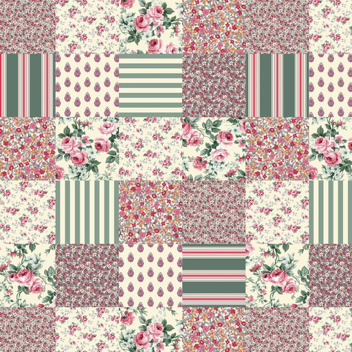 Tissu cotonnade motif patchwork imprimé floral et multicolore, trois teintes dispo : Rose / Bleu / Ocre - STANDARD 100 OEKO-TEX - TissusPapi.com