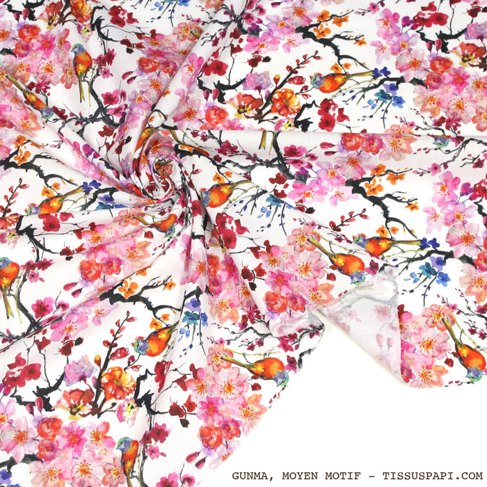 Tissu coton motif jardin japonais GUNMA aux oiseaux et fleurs de cerisier : trois tailles, OEKO-TEX