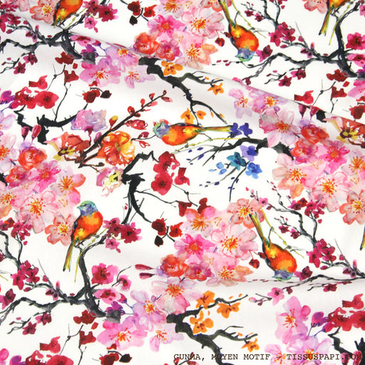 Tissu coton motif jardin japonais GUNMA aux oiseaux et fleurs de cerisier - OEKO - TEX - TissusPapi.com