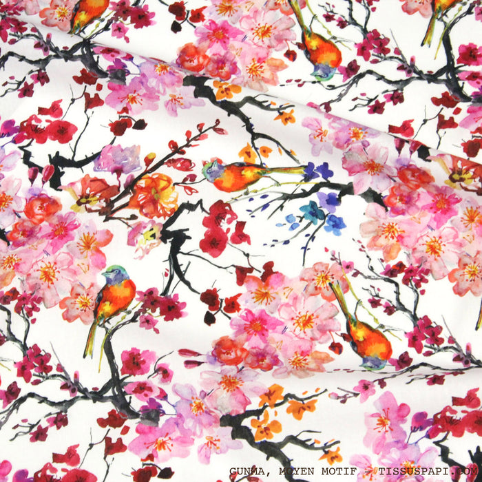 Tissu coton motif jardin japonais GUNMA aux oiseaux et fleurs de cerisier : trois tailles, OEKO-TEX