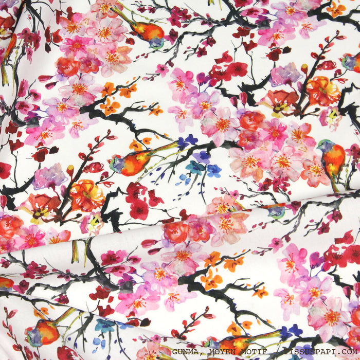 Tissu coton motif jardin japonais GUNMA aux oiseaux et fleurs de cerisier - OEKO-TEX