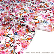 Tissu coton motif jardin japonais GUNMA aux oiseaux et fleurs de cerisier - OEKO - TEX - TissusPapi.com